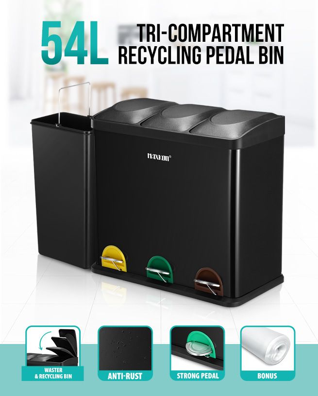 54L Triple Compartment Pedal Bin Kitchen Recycling Waste Bins Coated Steel Black