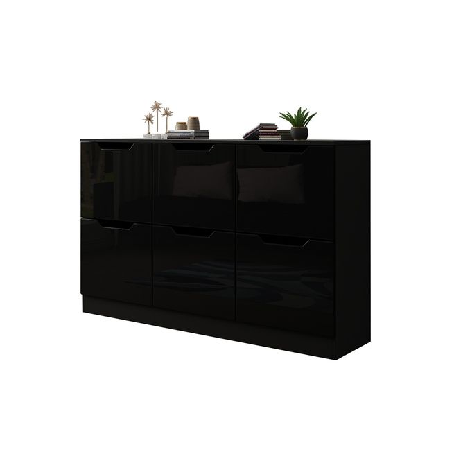 Modern Wooden Chest of Drawers Bedroom 6 Drawers Storage High Gloss Front Black