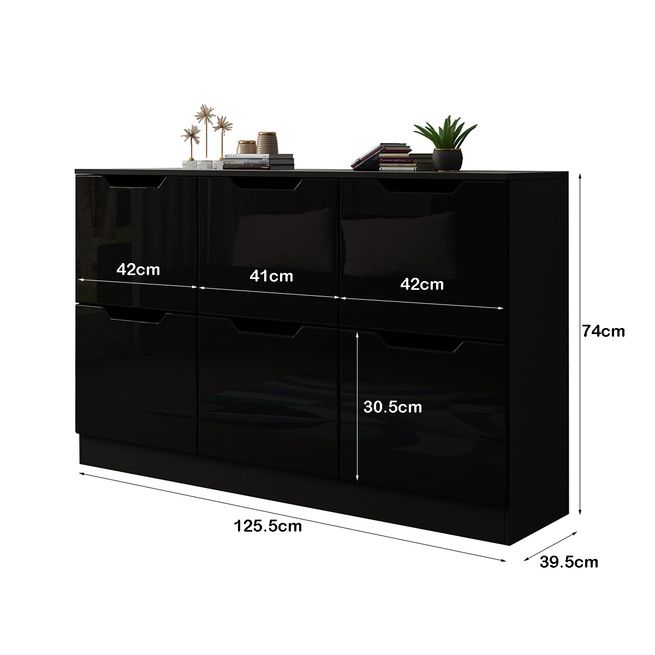 Modern Wooden Chest of Drawers Bedroom 6 Drawers Storage High Gloss Front Black