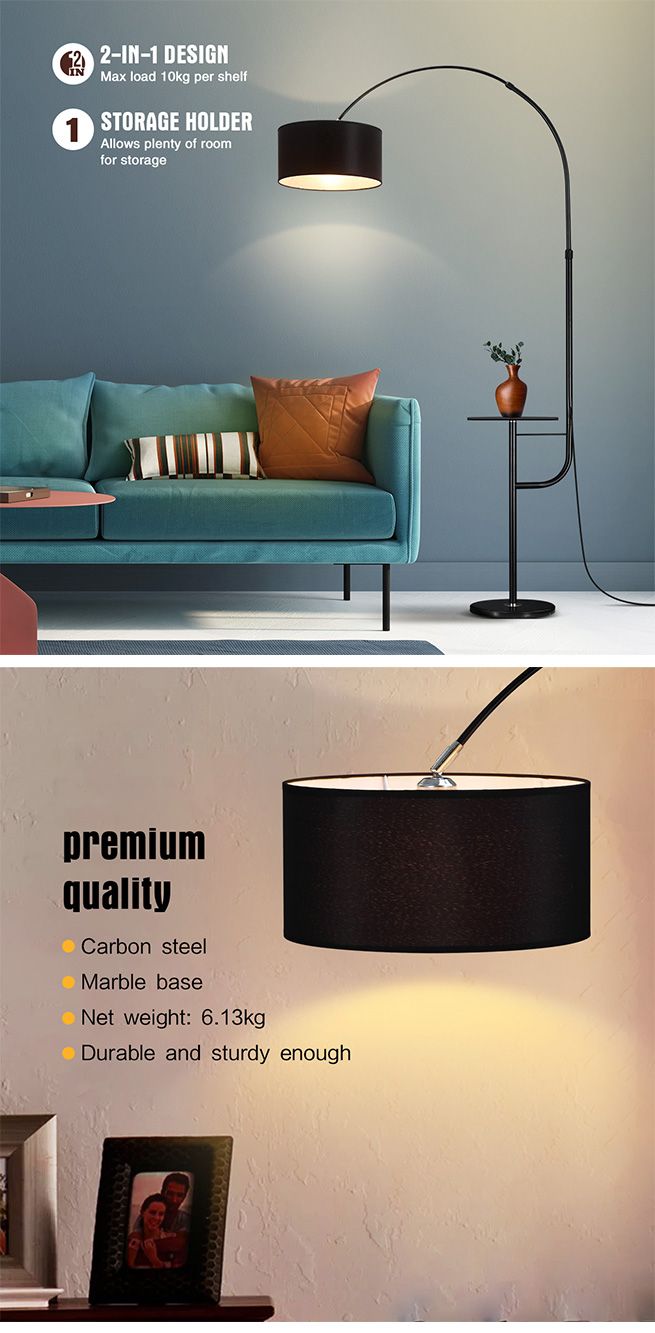 Modern Black LED Floor Lamp Arc Standing Corner Reading Light Adjustable Storage Living Room
