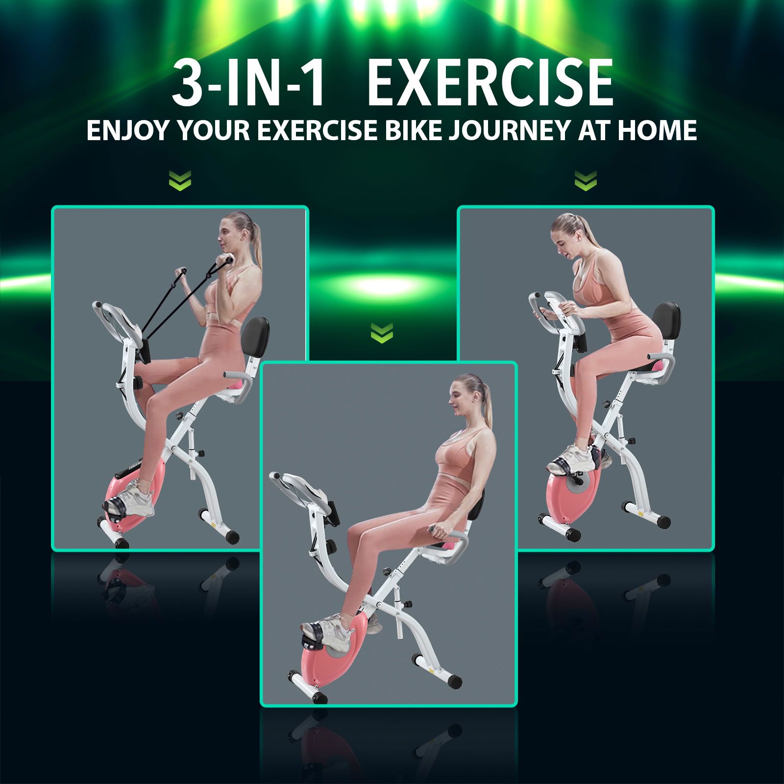 3 In 1 Exercise X Bike Trainer Recumbent Home Gym Fitness Workout Equipment Upright Bicycle Machine Folding 10 Resistance Band Backrest