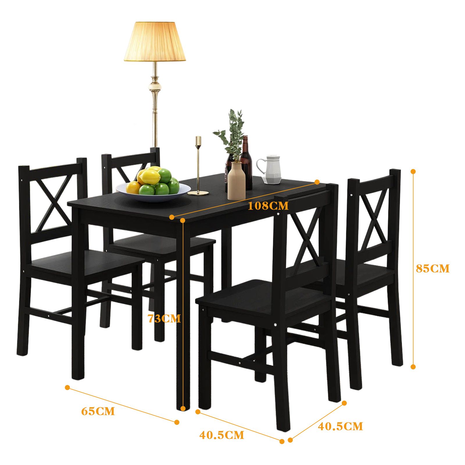 Black Dining Table And Chairs Set of 4 Kitchen Solid Pine Wood Furniture Square 108x65x73cm