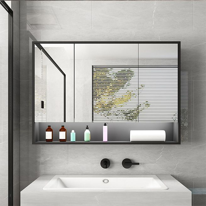 Bathroom Mirror Cabinet Medicine Shaving Shaver Cupboard Wall Storage Organiser Shelves Furniture with LED Lights Doors Black